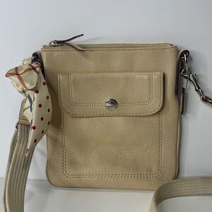 Coach beige pebbled leather plaid/polka-dot bow crossbody bag